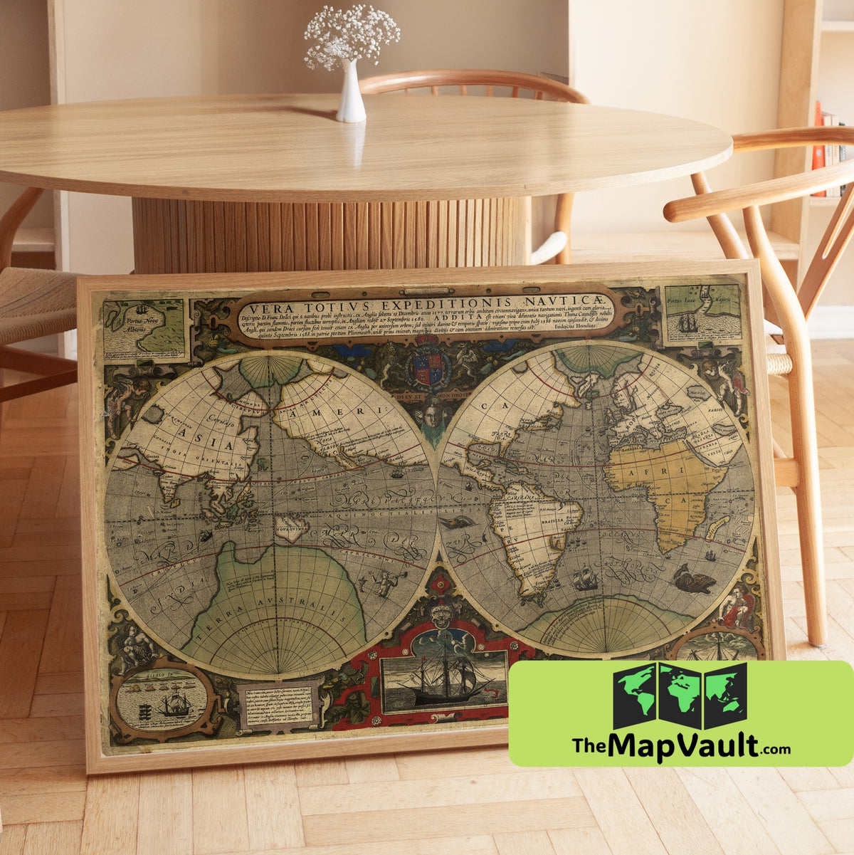 Antique World Map Print 1595 Sir Francis Drake Voyage – TheMapVault