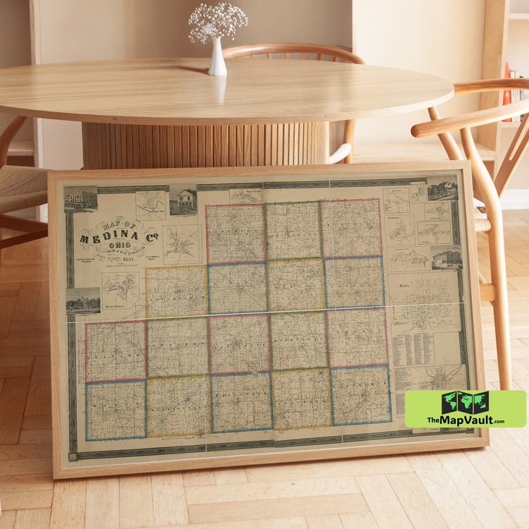 1857 Map of Medina County, Ohio - Landowner Survey with Township and Section Divisions, Antique Wall Art