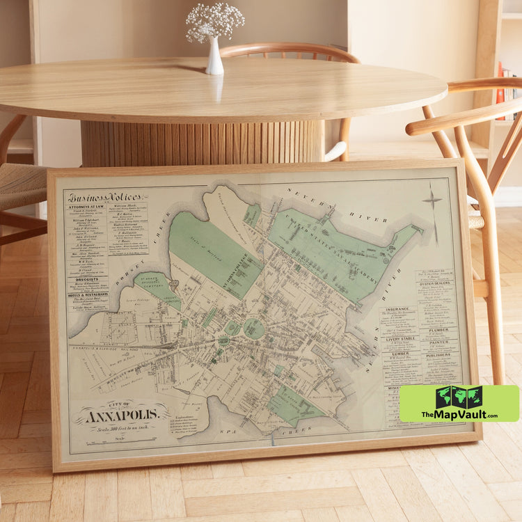 1878 Annapolis, Maryland Map - Historic Streets, Naval Academy & Chesapeake Bay Landmarks