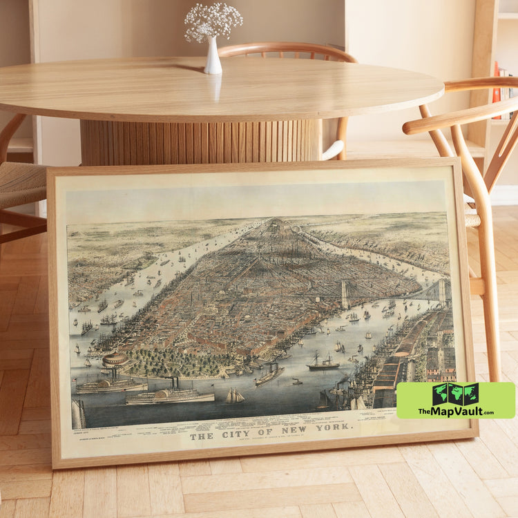 1886 Panoramic Map of New York City - Aerial Perspective, Skyline, Bridges & Historic Landmarks