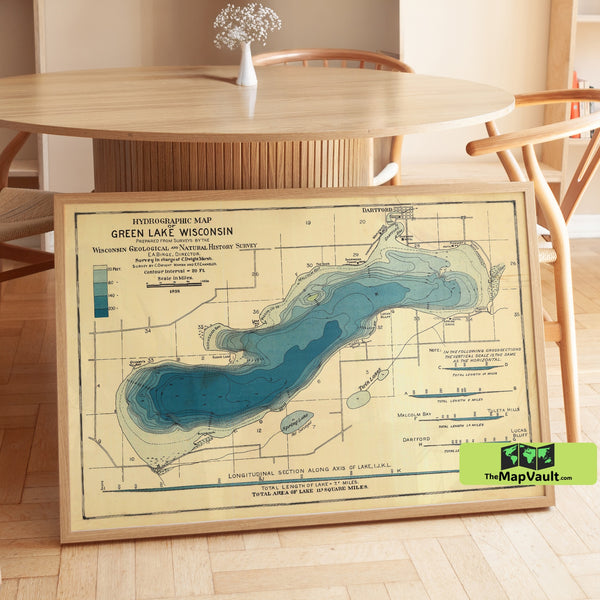 1898 Hydrographic Map of Green Lake, Wisconsin – Historic Depth Survey, Contours & Landmarks Print