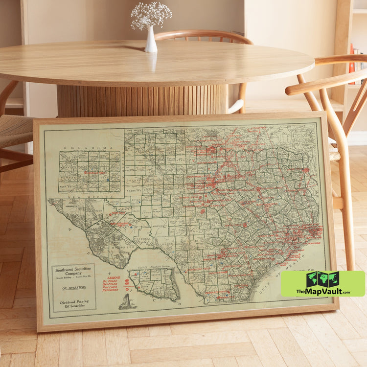 1914 Oil and Gas Field Map of Texas - Vintage Petroleum Industry Chart on Matte Paper