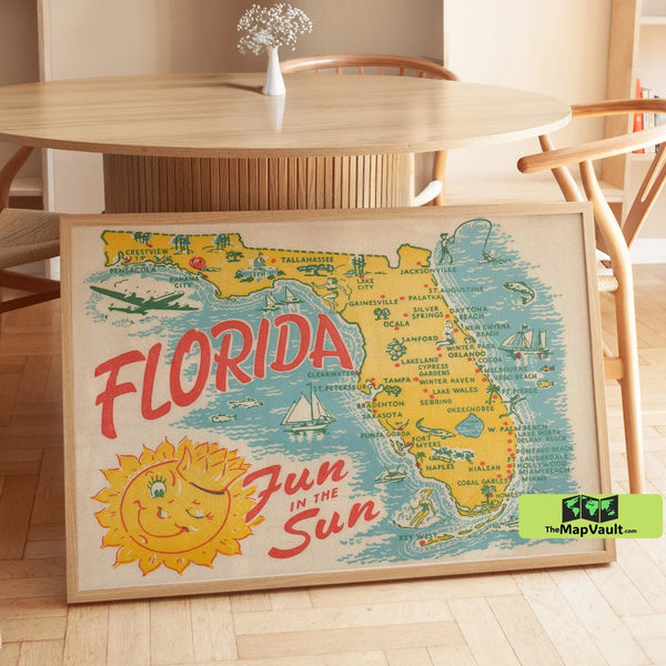Vintage Florida Map Print - Fun in the Sun Retro Travel Art