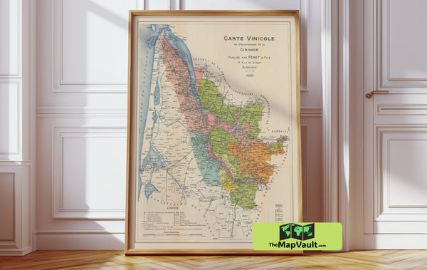 Gironde Bordeaux Wine Map Print – 1929 French Viniculture Artwork for Wine Lovers