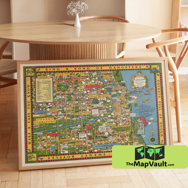 Chicago Gangland Crime Map Print - Al Capone Era Illustrated History - 1930s Prohibition Artwork