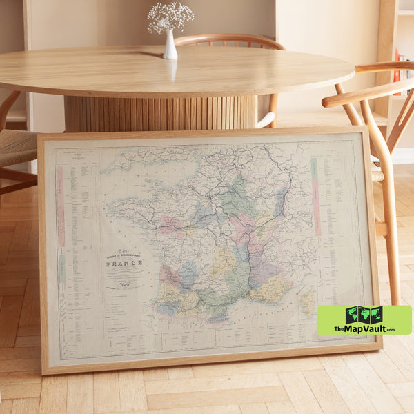 Antique French Wines Map - A Historical Cartographic Representation of France’s Viticulture and Vineyards