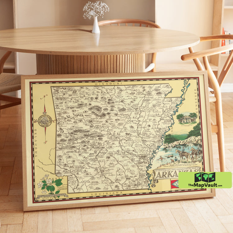 Arkansas Historical Map - 1938 Pictorial State Map, Vintage Arkansas Cartography, Illustrated Geographic Wall Art Print