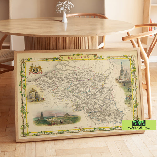 Antique Belgium Map – Restored 19th-Century Cartography & Historic Landmarks