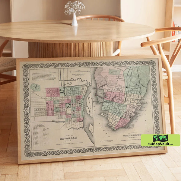 Charleston & Savannah Antique City Map - Vintage Historic Print