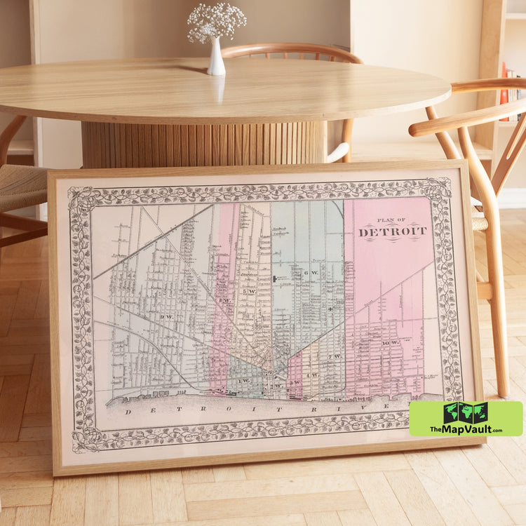 Detroit Map - Antique City Plan of Detroit, Restored Historical Print