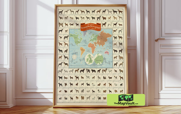 Dog Map of the World 1950 Print – A Whimsical Global Canine Chart for Dog Lover Gift Aficionados