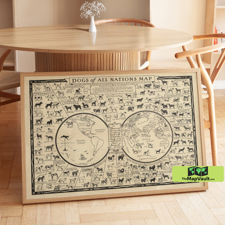 Dogs of All Nations 1936 Map - Illustrated Dog Breed Chart, Vintage Canine Poster, Dog Lovers Wall Art Print
