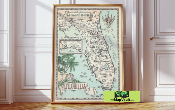 Florida Pictorial 1938 Print – A Playful Vintage Map for Nursery & Coastal Home Decor Enthusiasts