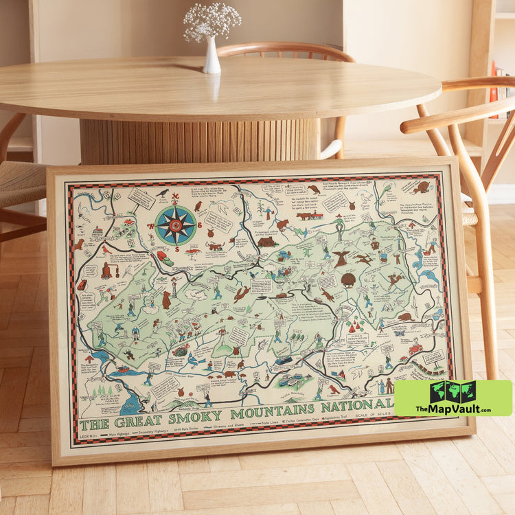 Great Smoky Mountains National Park Map - Vintage Illustrated Travel Print Featuring Trails, Wildlife, and Scenic Routes