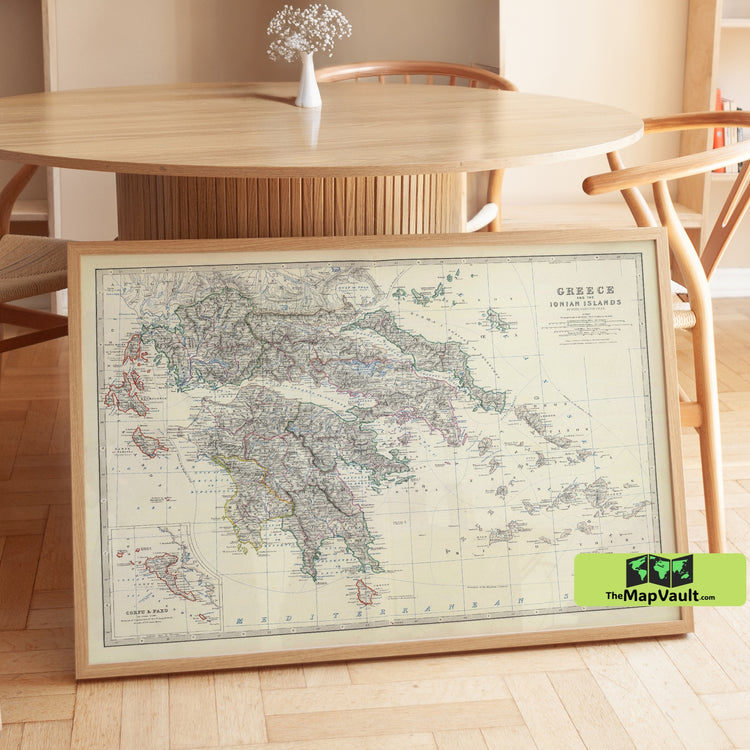 Greece and Ionian Islands Map - Antique European Travel Poster with Detailed Geography and Topography