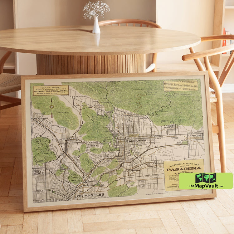 Pasadena and Vicinity Road Map Poster - Vintage Automobile Club Print for Scenic SoCal Lovers