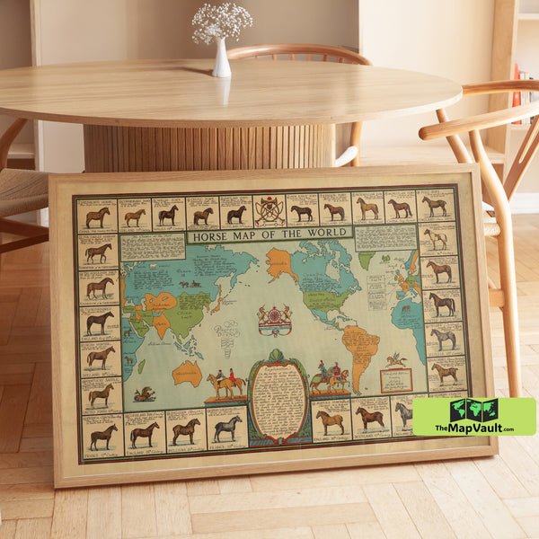 Horse Map of the World - Vintage Equine Wall Art Featuring Breeds from Around the Globe for Equestrian Enthusiasts