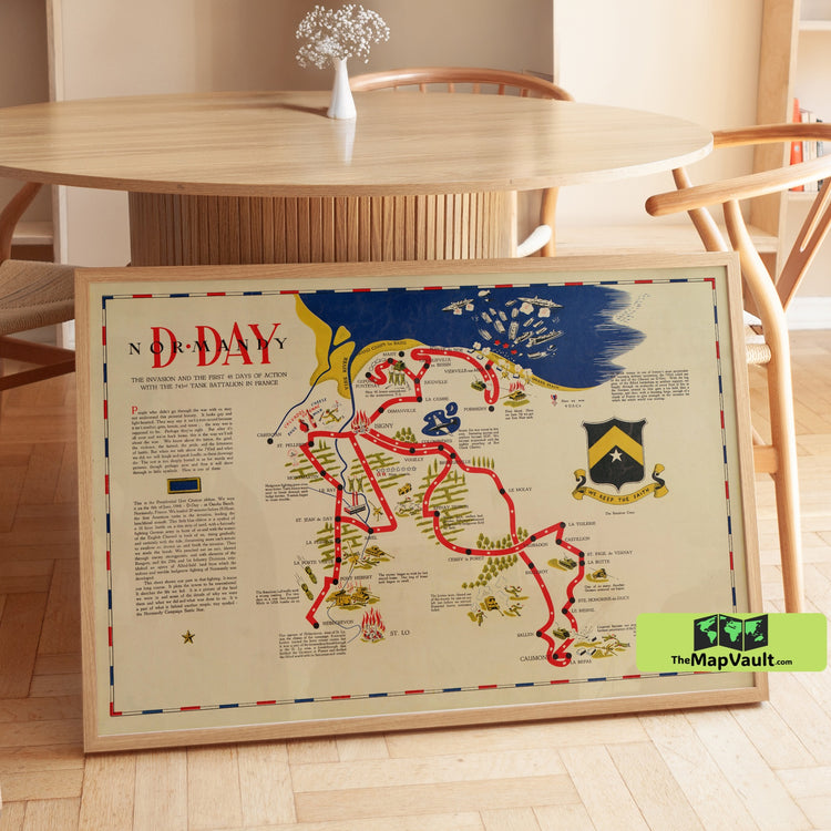 D-Day Normandy Map Print - 1945 Vintage Military History Illustration of Allied Invasion Route