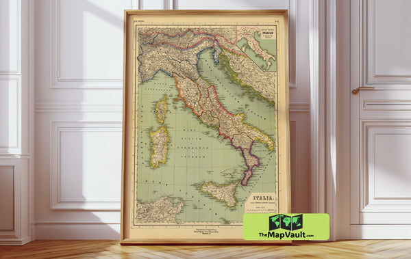 Italy Vintage Map Print – Explore Lombardy to Sicily in Timeless Cartographic Art