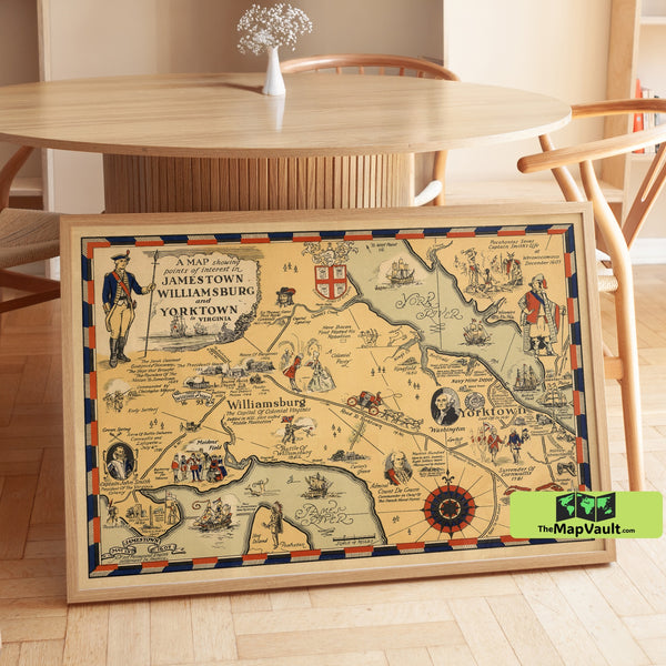 Jamestown, Williamsburg & Yorktown Virginia Map | Historic Colonial America Wall Art | Vintage Poster & Framed Print