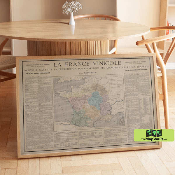 Map of Vineyards of France - Historical Wine Regions and France Wine Map with Vintage Aesthetic