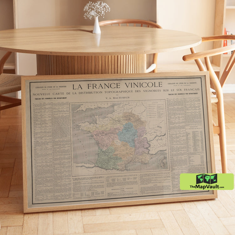 Map of Vineyards of France - Historical Wine Regions and France Wine Map with Vintage Aesthetic
