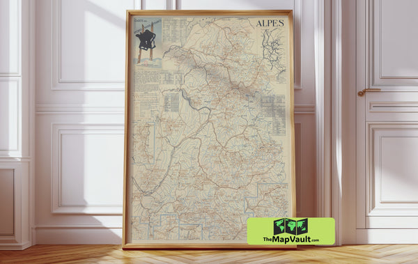 Vintage French Alps Ski Map – Explore Classic Winter Sports Destinations in an Artistic Alpine Print