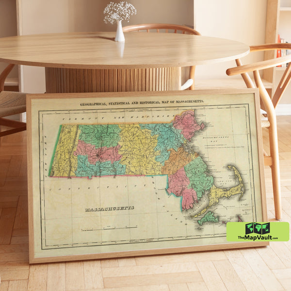 Massachusetts Map - Antique 1822 State Map - Historical Wall Art Print
