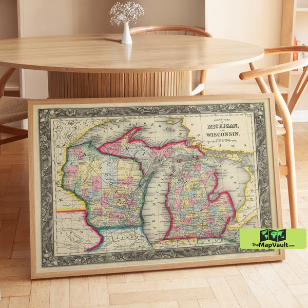 Antique Michigan and Wisconsin Map - Vintage County Map Print