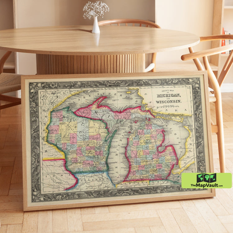 Michigan and Wisconsin - Antique Map - Vintage County Map Print
