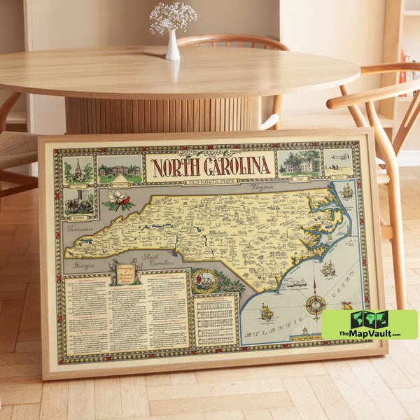 North Carolina Map Poster – Vintage 1950 North Carolina State Map – Old North State Historical Print – Antique Map Wall Art Poster
