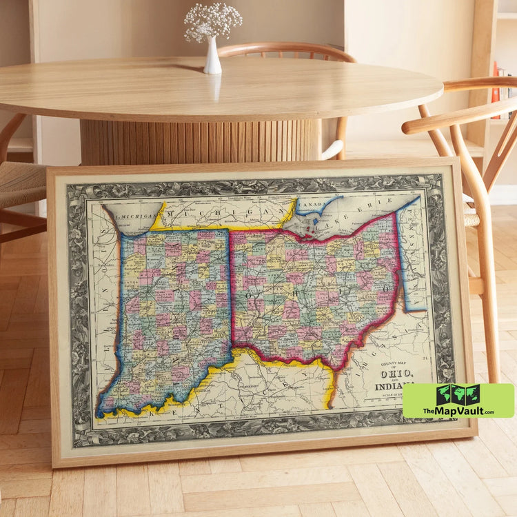 Ohio and Indiana - Antique Map - Vintage Midwestern State Print