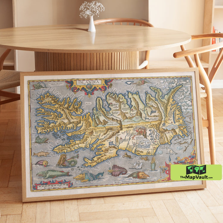 Map of Iceland Print - Islandia - 1542 Sea Monster Chart - Vintage Nordic Myth & Cartography