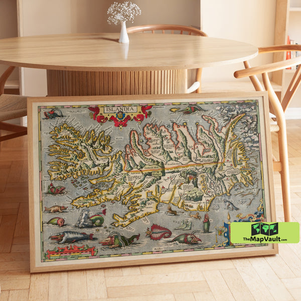 Iceland 1542 Map Poster – Sea Monsters and Old Norse Legends Print for Mythic Cartography Fans