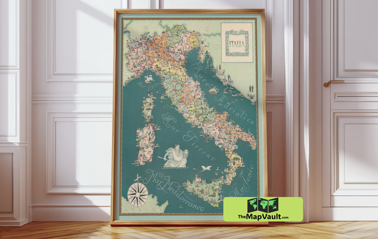 Map of Italy, Captivating Pictorial print, 1930s Illustration of Italian Landmarks and Culture