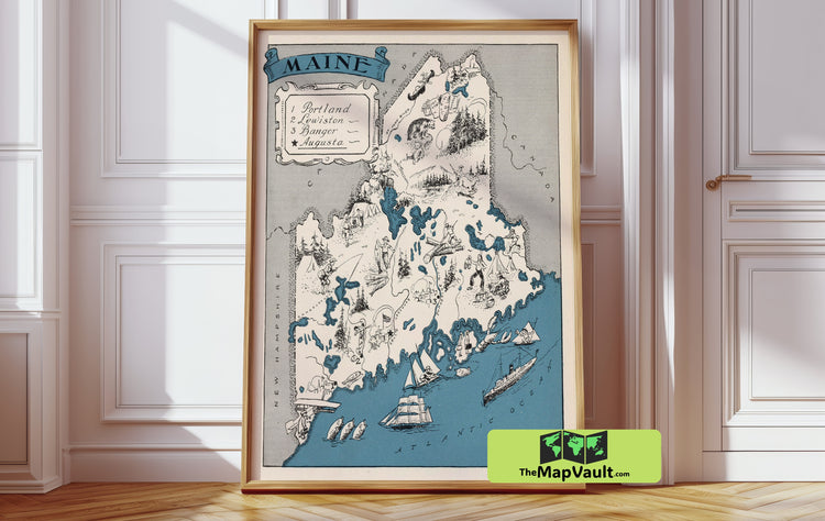 Maine State Map Print - 1931 Vintage Illustrated Maine Map - New England Travel Poster