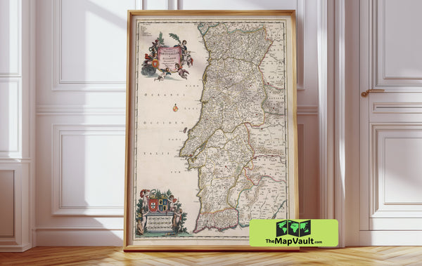 Antique Map of Portugal Print - 1682 Vintage Portuguese Map - Historic Lisboa & Algarve Cartography