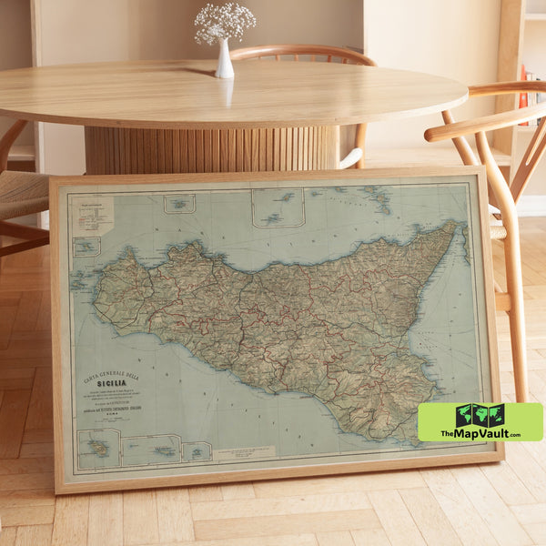 Sicily 1891 Map Poster – Italian Island Tapestry Print for Mediterranean Culture Lovers