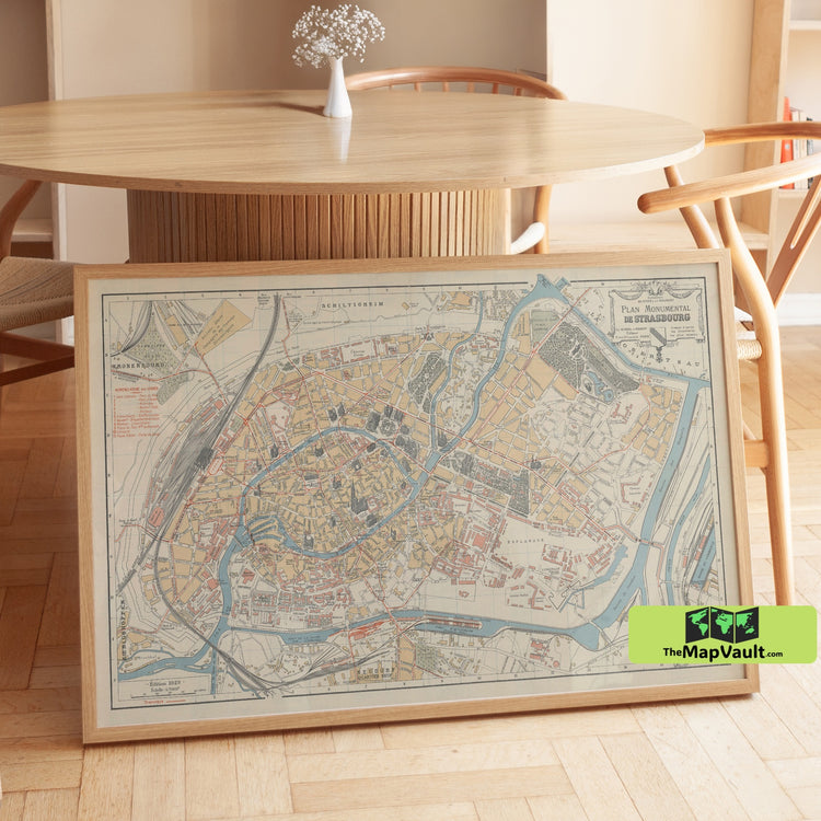 Strasbourg (Strassburg) 1929 Map Poster - Franco-German Border Print for European City Historians