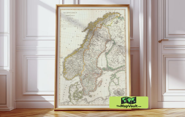 Scandinavian 1824 Peninsula Map - Detailed Historical Chart of Sweden, Norway, and Denmark - Vintage Northern Europe