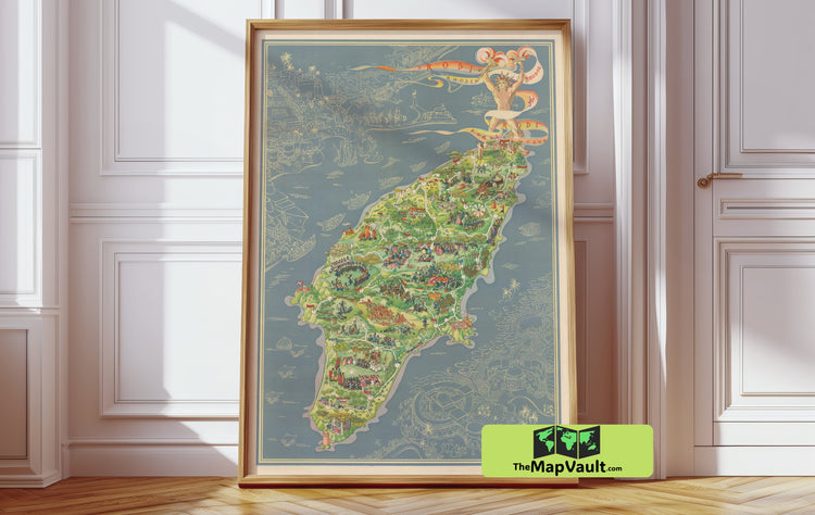 Rhodes Island, Greece Map - Colorful Historical Travel Poster - Mid-20th Century Greek Island Cartography