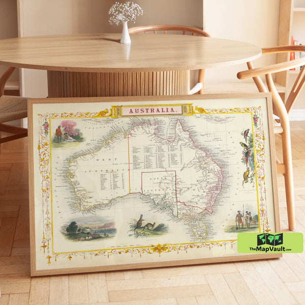 Antique Map of Australia - Restored Historic Map with Illustrations of Wildlife and Aboriginal Australians