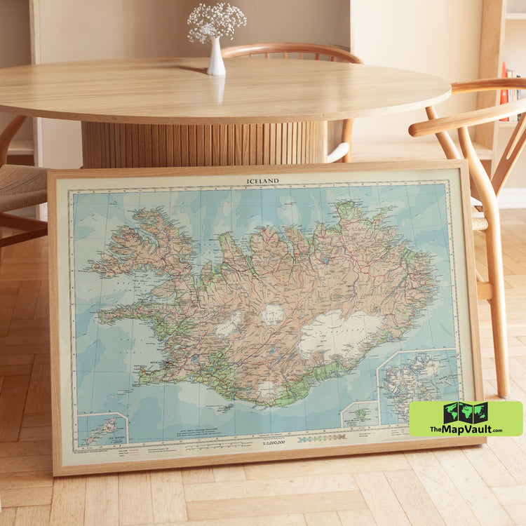 Iceland - Old Map - Restored Vintage Map Showing Topography and Historical Settlements