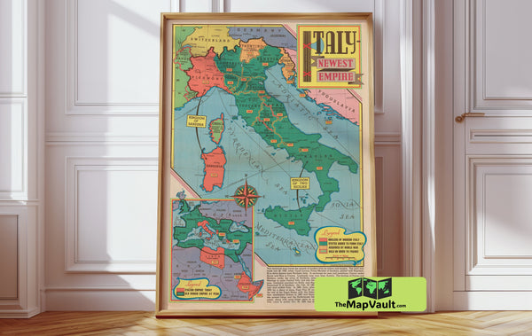 Antique Map of Italy Print - 1939 Historical Italy Map - Vintage Cartography Print