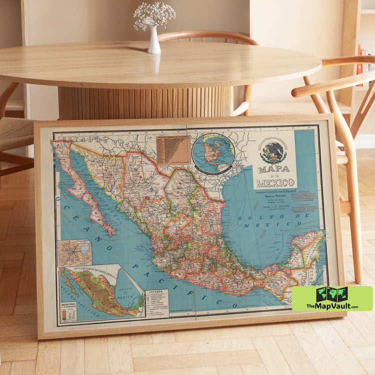 Mexico - Vintage Map - Antique Cartographic Art with Political Divisions and Geographical Features