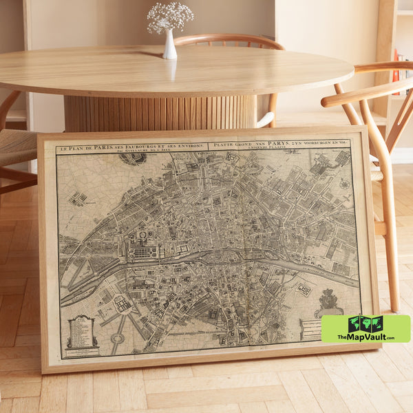 Antique Map of Paris - Historic City Plan of Paris with Detailed Streets and Landmarks