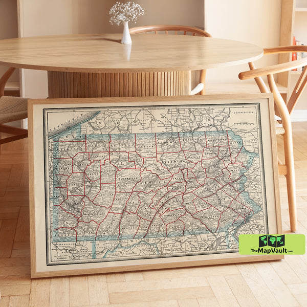 Old Map of Pennsylvania - Vintage Cartographic Print of Pennsylvania’s Counties and Roads