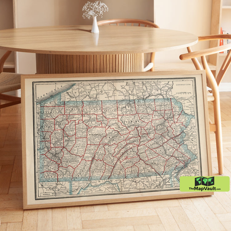 Pennsylvania - Old Map - Vintage Cartographic Print of Pennsylvania’s Counties and Roads