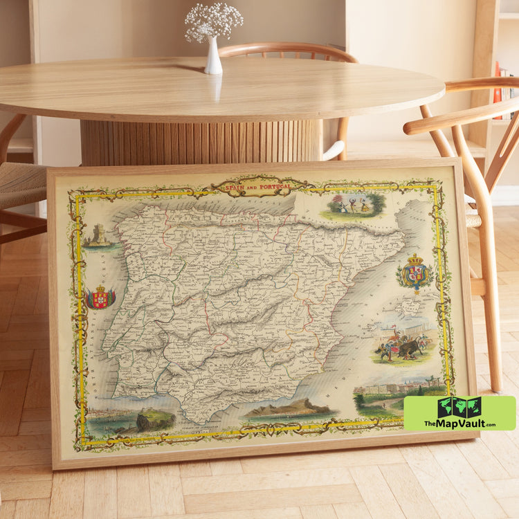 Spain and Portugal - Antique Map - Historic Cartographic Print with Ornate Illustrations