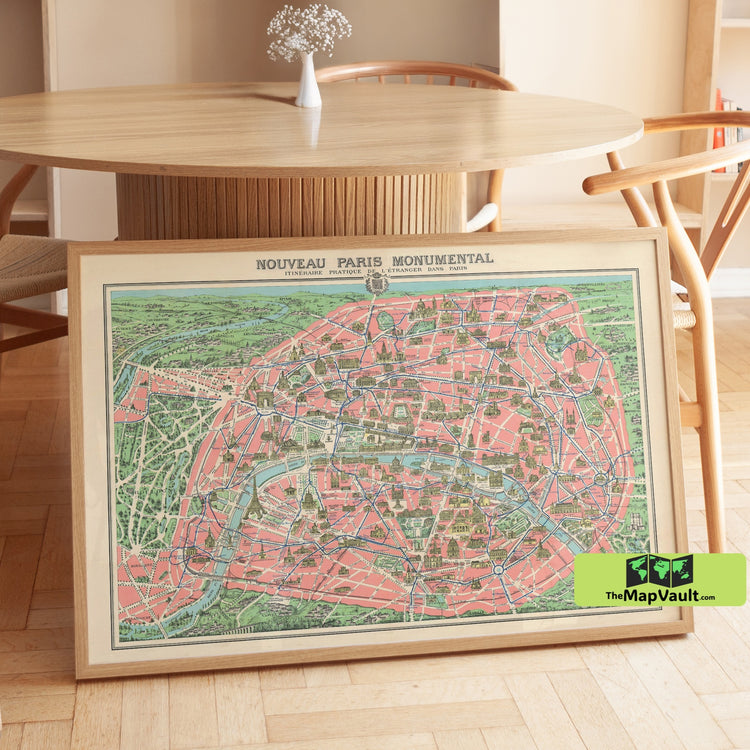 Paris City Map Wall Print - 1900 Paris Monumental Map - Vintage French City Map - Historic Paris Landmarks Wall Art Poster